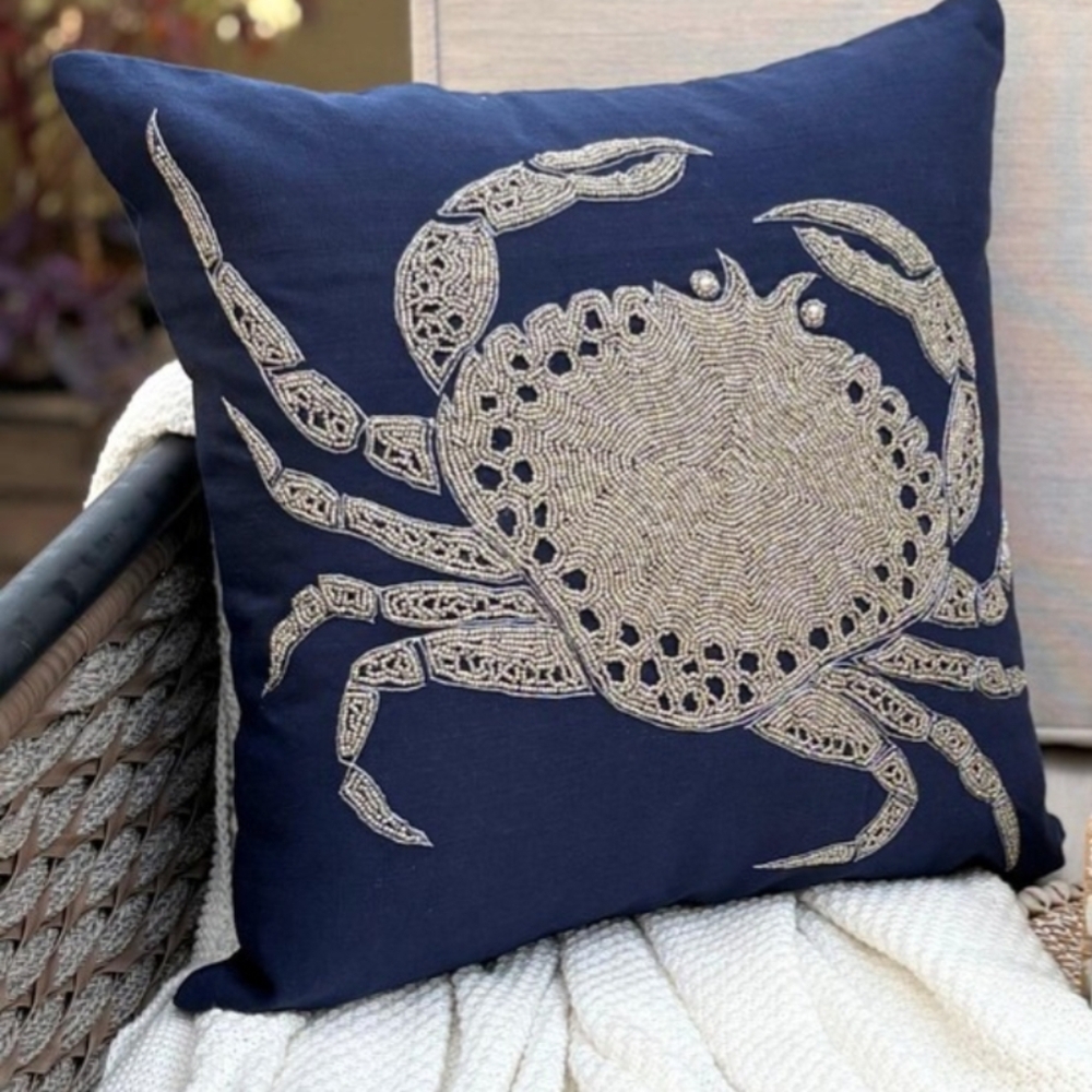 Navy Blue Crab Embroidered Throw Pillow Cover - Picture 2 of 13